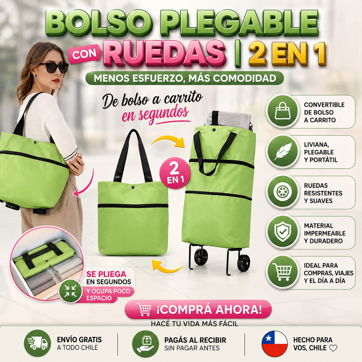 Bolso Plegable con Ruedas 2 en 1